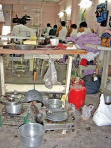 Risky working conditions – These kinds of scenes are common in Tughlakabad which is a biggest job working hub for garment exporters 