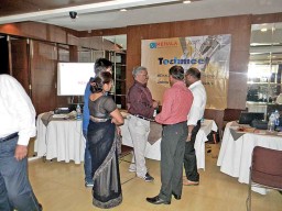Mehala representatives interacting with visitors from companies like Orient Craft, Blackberrys and ITC