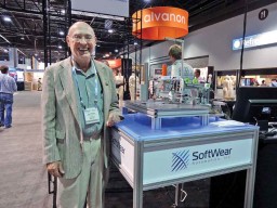 William T. Lockhart, CEO of SoftWear Automation, exhibits robotic sewing solutions