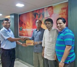 (L to R) – Keerthi Abe CEO, SewEasy and Kamal Sharif, Chairman with Mamanul Huq, Managing Director and Mansoor Ahamed, Director of Finery and Rhymer Apparel Ltd. at their factory in Mirpur, Dhaka