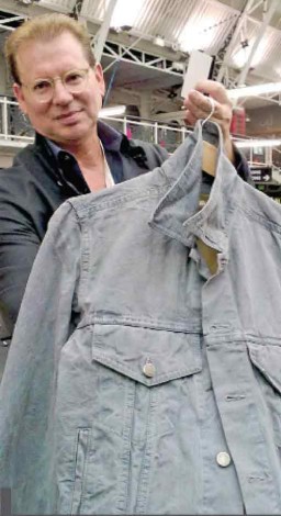 Imitating a stone washed look, Steve Bender presents a jacket that has been imparted a rugged look using tobacco dyes