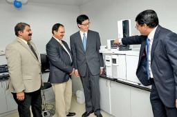 The Intertek Group at the new facility - Sridhar Rajagopal, Sr. Regional Manager ( India / Bangladesh ), Audits; Dilip Gianchandani, Regional Director, India / Bangladesh; Paul Yao, EVP; and Vivek Sharma, Sr. Manager, Chemical and Analytical lab