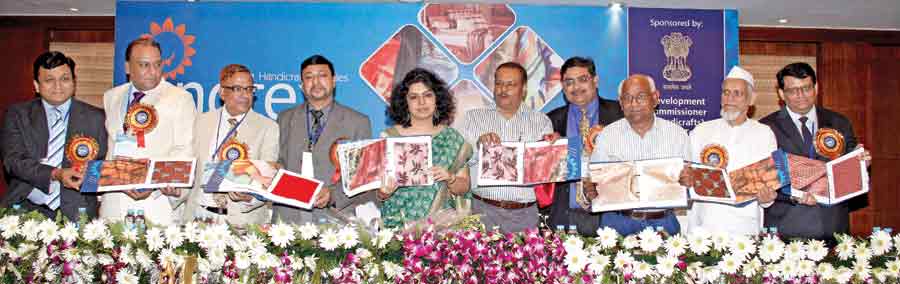 Hindtex Inauguration (L to R) – Mukesh Agrawal, Marketing Head, Hindtex; Mukund Agrawal, Head PR – Hindtex; Syed Hasan Ansari – Secretary; Rajiv Agrawal, Chairman, Hindtex Committee; Alka Arora, Additional DC – Handicrafts & MD – Central Cottage Industries Corporation of India; Siddh Nath Singh, Chairman, CEPC; Naveen Kapoor, President, EUPEA; Ashok Gupta – Founder President, EUPEA; Rais Ahmad, Vice-Chairman Hindtex Committee; and Amitabh, Treasurer – Hindtex