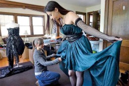 St. Paul fashion designer Deborah Block does a fitting on a dress for an upcoming show with Bloomington model Cerise Colette in her home, Thursday, September 20, 2012 in Block's St. Paul home. She is one of the first designers nationwide to be recognized for a new eco-fashion designation