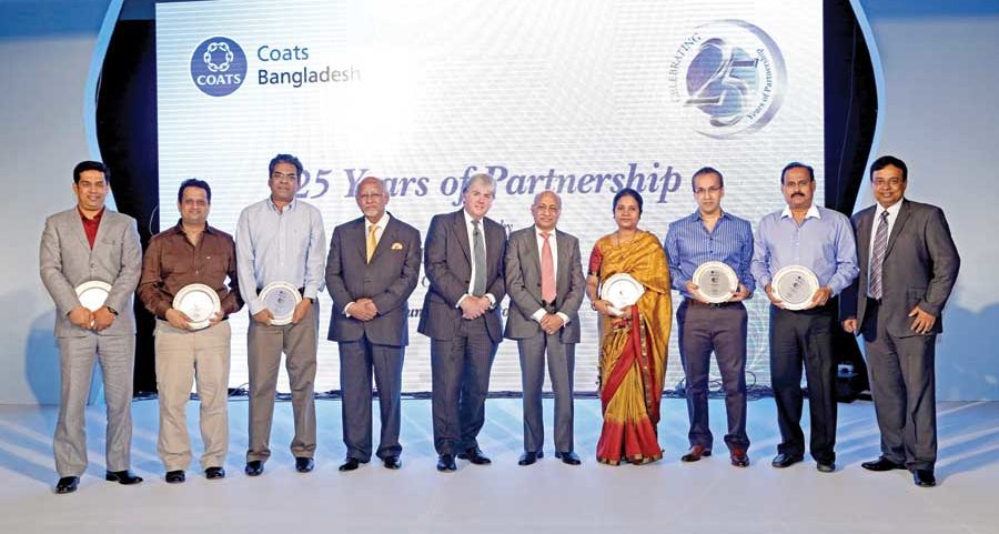 Coats Bangladesh celebrated its Silver Jubilee of partnership with the recognition of associates who’ve been with them since inception. Paul Forman, Group CEO – Coats plc. (centre) is seen with Shamsuddin Khan, Chairman – AK Khan Group; Salahuddin Kasem Khan, MD – AK Khan Group & Chairman – Coats Bangladesh; Ms Afroza Banu – QA Manager, Coats Bangladesh (the longest serving employee of the company completing 25 years of service); Ranjan Chakhaiyar, MD – Coats Bangladesh (extreme right) along with honoured business associates representing leading export houses and proud partners of Coats for 25 years
