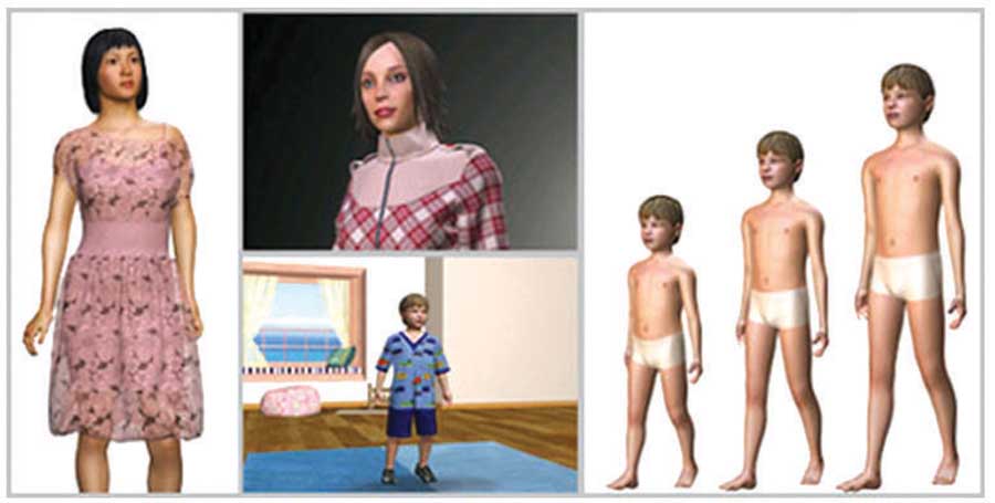 (Pic. A) A woman with a transparent garment using new smoothing enhance simulation capabilities; (Pic. B): A woman dressed in thick garment example of fabric thickness simulation; (Pic. C) Alex anatomies: Ages 6, 10 and 14 years