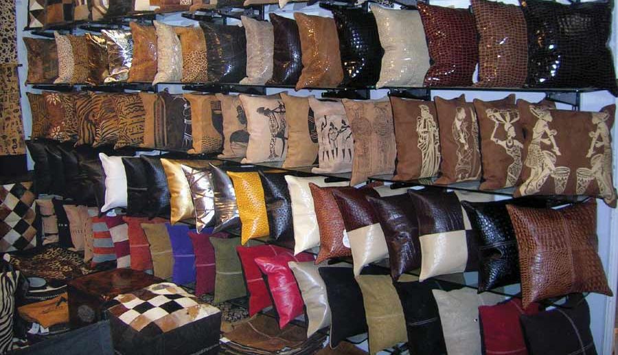 A complete display of the latest cushion collection by the company, made both from fresh and recycled leather