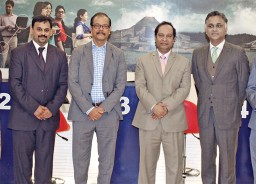Karthik N.D., Director Softlines and Business Assurance – Intertek Bangladesh, at the inaugural function accompanied by Hedayetullah al Mamoon, Senior Secretary, Ministry of Commerce; M. Abu Taher, Chairman, BFLLFEA; and Syed Nasim Manzur, President, LFMEAB