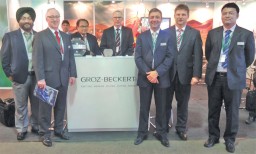 Team Groz-Beckert (Standing in front, L to R) – Parmeet Singh Khurana; Klaus Hacker; Sanjeev Sharma; Hubert Volk; Rifat Raihan. (Behind the counter) Shafiq from F.F. Trading Corporation (one of the dealers of Groz-Beckert in Bangladesh) with Heiko Bauer