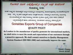 Quality policy displayed at Gokaldas Exports