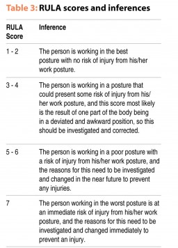 Table 3: RULA scores and inferences