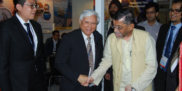 MoS, Textiles, Santosh Gangwar with Taiwan Textile Federation Overseas Market Development specialist Sean Tsai and National Chair Professor (Ministry of Education) Taiwan Textile Federation (TTF) & the Bureau of Foreign Trade (BOFT) Dr Ma at Technotex 2015. | Courtesy: https://www.innovationintextiles.com/