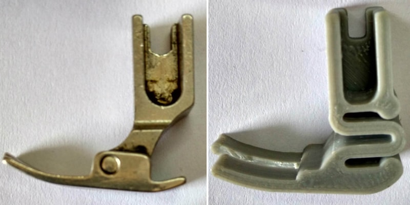 Hinged metal presser foot (L) and 3D printed presser foot